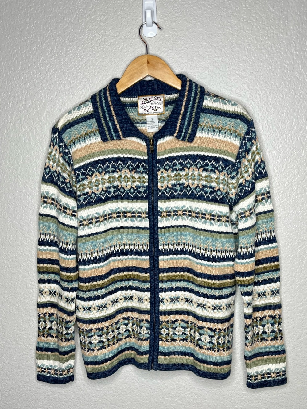 Vintage 2002 Heirloom Collectibles Fair Isle Green Zip Up Cardigan Sweater Small